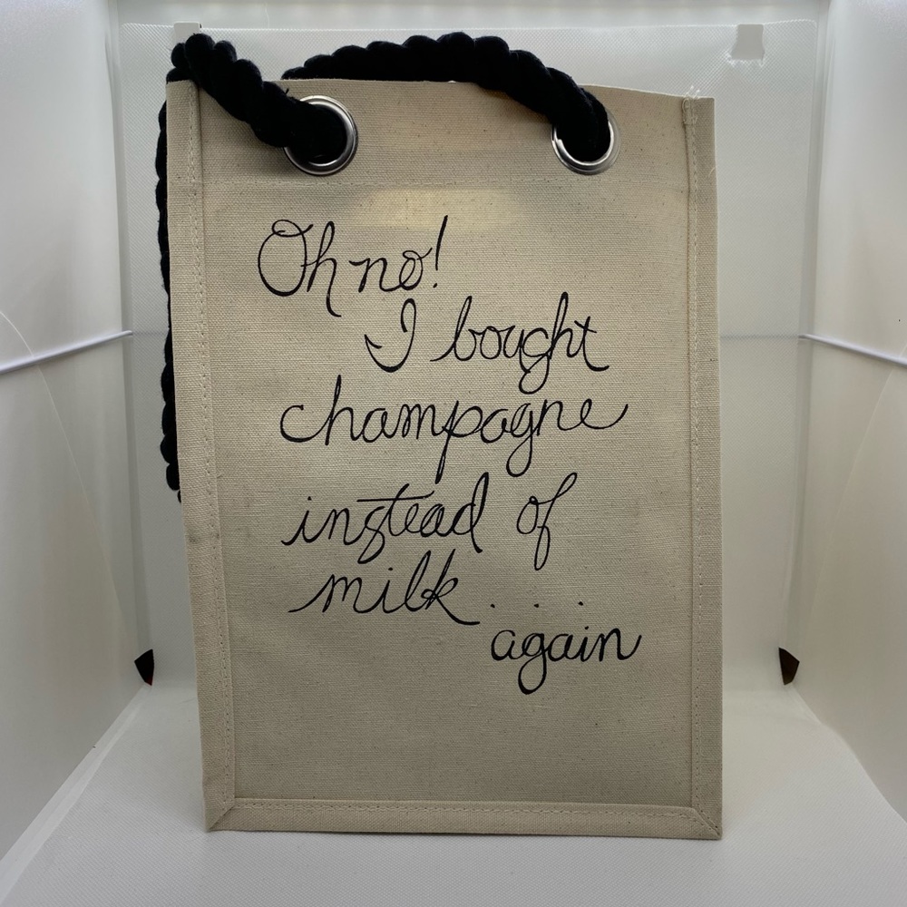 Champagne Thick Canvas Bottle Tote Gift Bag Cord Handle w/ Multiple Compartments